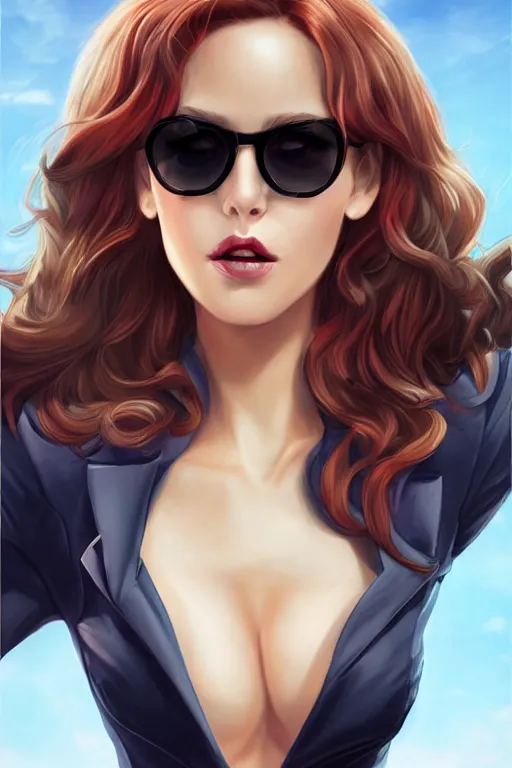 Prompt: Succubus in blazer portrait, head straight down, in sun glasses, by artgerm, WLOP