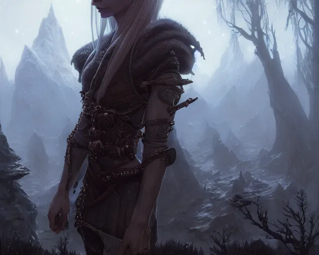 Image similar to highly detailed portrait of cara delevingne as a bald elf, in skyrim, stephen bliss, unreal engine, fantasy art by greg rutkowski, loish, rhads, ferdinand knab, makoto shinkai and lois van baarle, ilya kuvshinov, rossdraws, tom bagshaw, global illumination, radiant light, detailed and intricate environment