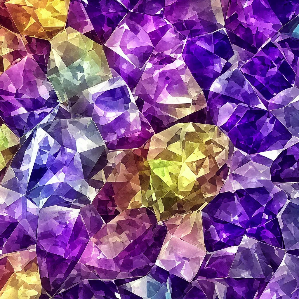 Image similar to amethyst geo gemstone prism multicolor gold liquid emeraud pearl quartz saphir grenat fluorite stylized digital illustration video game icon