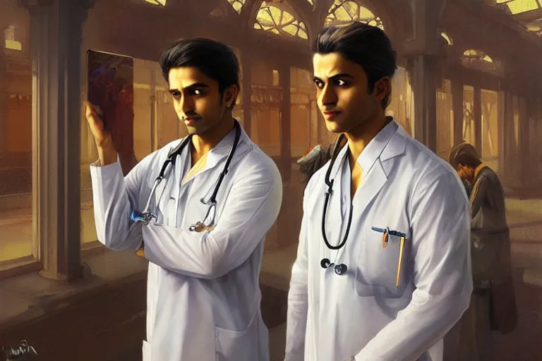 Prompt: Anxious good looking pale young Indian doctors wearing scrubs and shirts at the airport, portrait, elegant, intricate, digital painting, artstation, concept art, smooth, sharp focus, illustration, art by artgerm and greg rutkowski and alphonse mucha