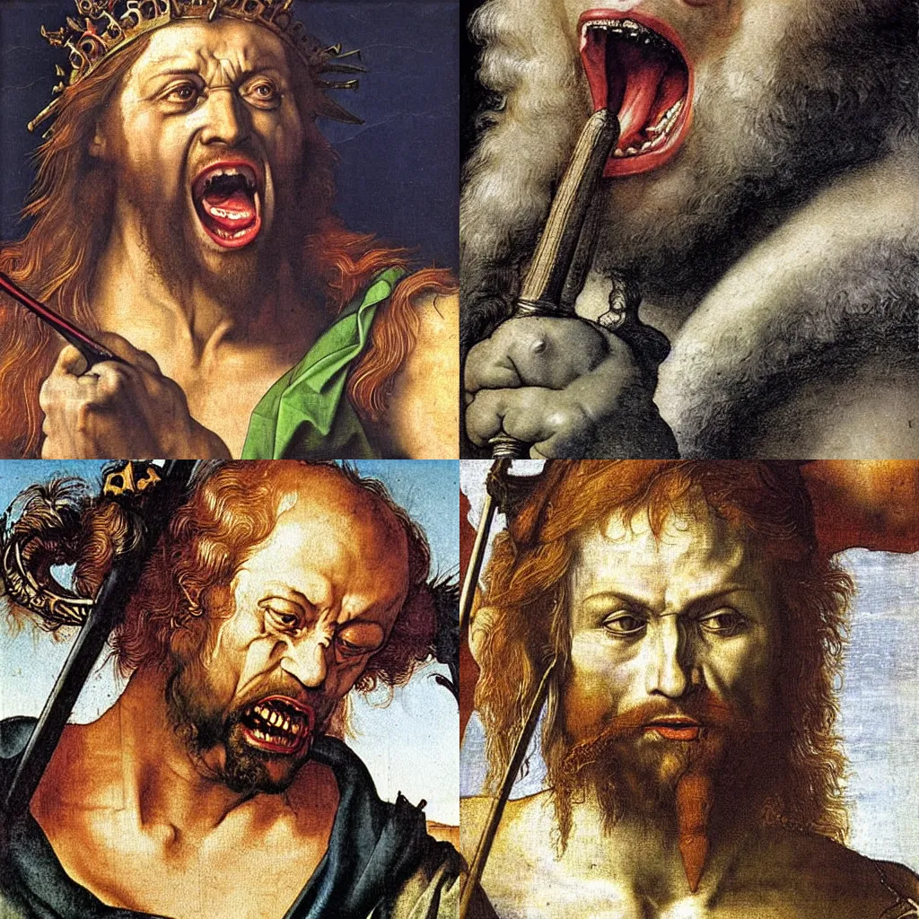 Prompt: close up portrait of strong and proud young Poseidon, king of the sea, with scepter and crown, screaming, ready to fight, rising from the ocean, oil painting by Albrecht Dürer