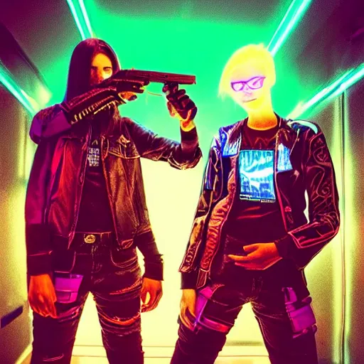 Prompt: “cyberpunk kids with guns and electronic devices, neon lights, sharp, detailed”