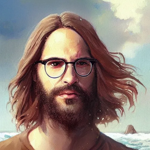 Prompt: a painting of a handsome guy with very long brownish! hair, with nerdy glasses as jesus christ! walking in the sea, art by artgerma and greg rutkowski, sacred holy art