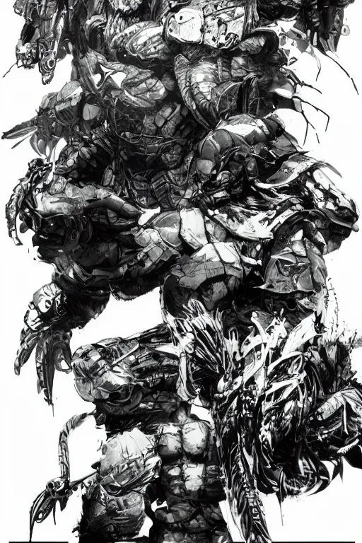 Image similar to predator concept art by yoji shinkawa, character concept sheet, white background, ink, digital painting, highly detailed, trending on artstation, sharp focus, illustration, concept art