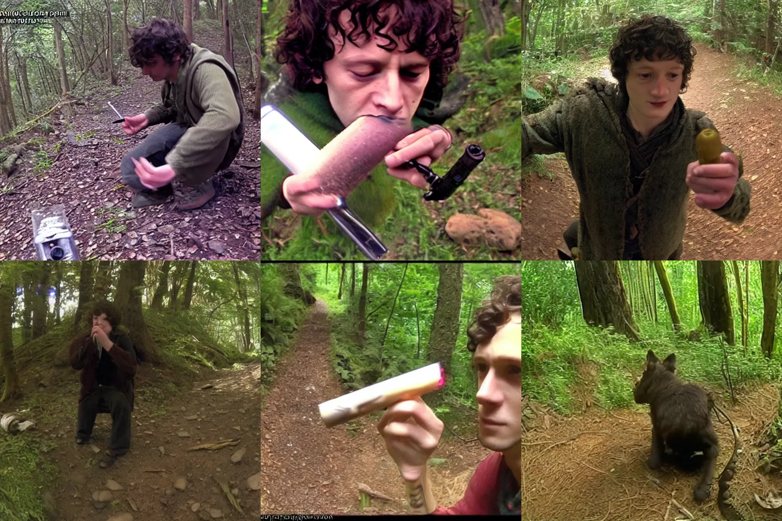 Prompt: frodo baggins smoking bong trail cam footage