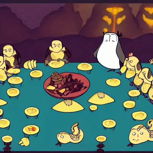 Prompt: The emperor dining on dragon hearts, surrounded by a court of puffins. A scene from adventure time. twilight. Raucous. Joyful.