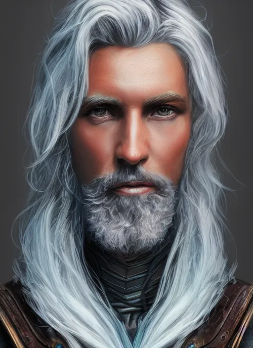 Image similar to an epic fantastic realism comic book style portrait painting of an aasimar warlock, male, shaggy silver hair, short brown beard, d & d concept art, unreal 5, daz, teal aesthetic, octane render, cosplay, rpg portrait, dynamic lighting