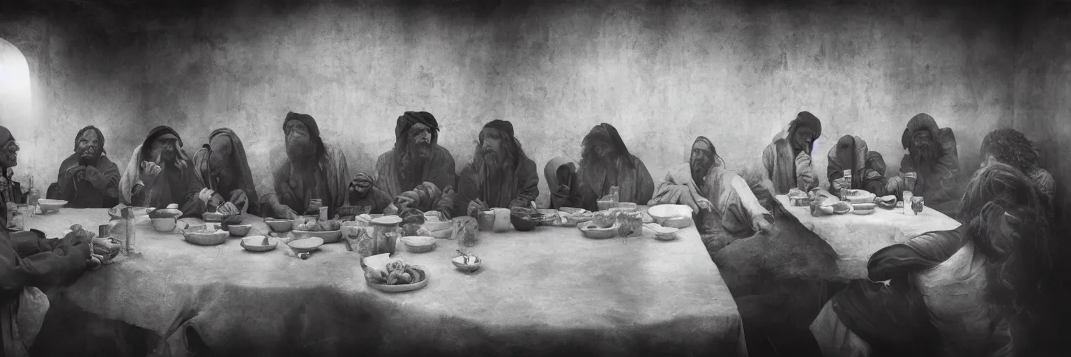 Image similar to Award Winning Editorial 84° wide-angle picture of a Tramps in a Soup Kitchen by David Bailey and Lee Jeffries, called 'The Last Supper', 85mm ND 5, perfect lighting, gelatin silver process