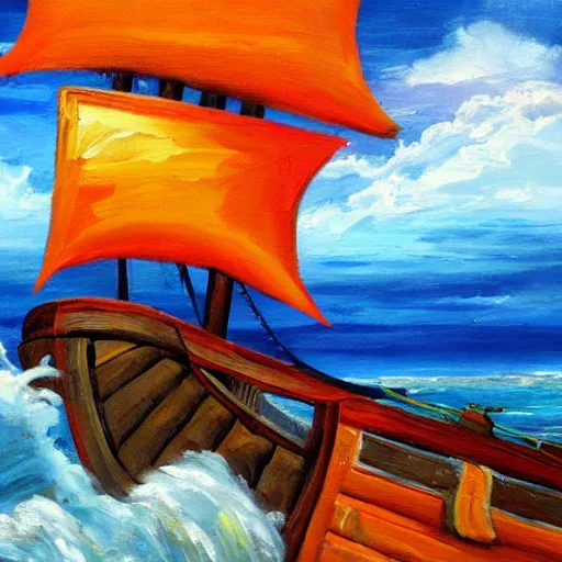 Image similar to pirate ship sailing on stormy seas, oil on canvas, vivid colors,