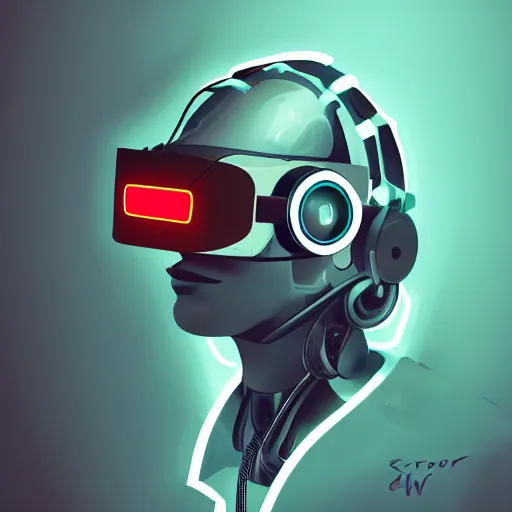 Image similar to cyberpunk bot wearing vr headset, sci - fi, portrait, illustration