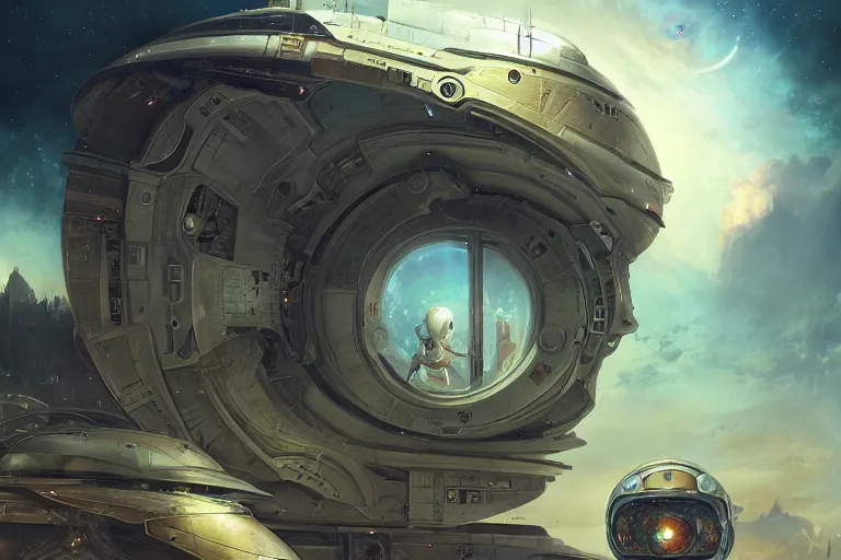 Image similar to a sigma man in futuristic space suit looking at ancient white renaissance spaceship through a time travel spaceship window, scifi, serene, refined, by swang, wlop, peter mohrbacher, jakub rebelka, visually stunning, beautiful, masterpiece