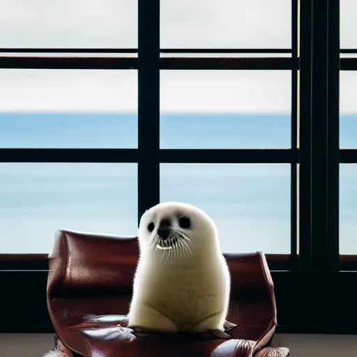 Image similar to a baby harp seal sitting near a box marked top secret, sitting on a beautiful dark leather chair at a luxury resort, palm trees outside the windows, panasonic, photo, gentle bokeh