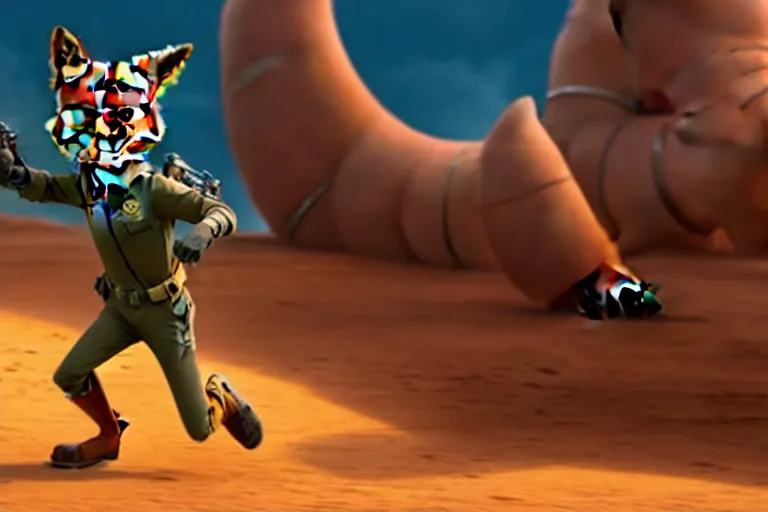 Image similar to nick wilde ( from zootopia ), heavily armed and armored facing down armageddon in a dark and gritty reboot from the makers of mad max : fury road