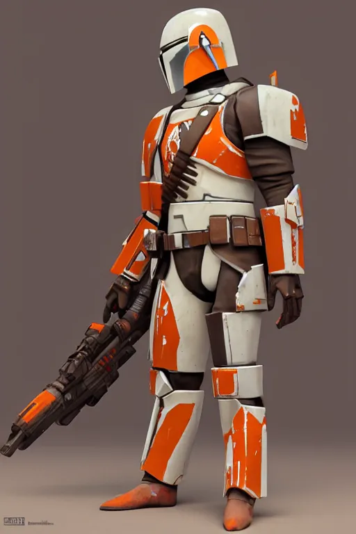 Image similar to mandalorian overwatch style statue made of white and orange marble standing, 3 d render, octane render, unreal engine, overwatch, detailed, dynamic light, beautiful, rococo, accents of red