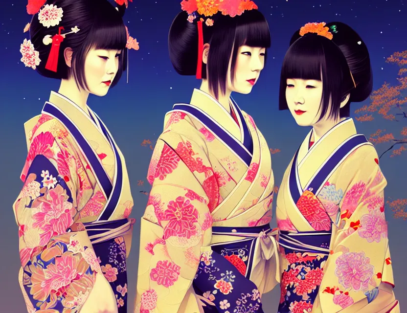 Image similar to two beautiful charming japan girls wear arty kimono in festival | | sunny night, full moon, dreamlike art, realistic shaded, smile, good looking, hyper details, 4 k realistic, cryengine, realistic shaded lighting poster by ilya kuvshinov, fuji choko, ross tran, 8 k resolution, trending on artstation, luxury