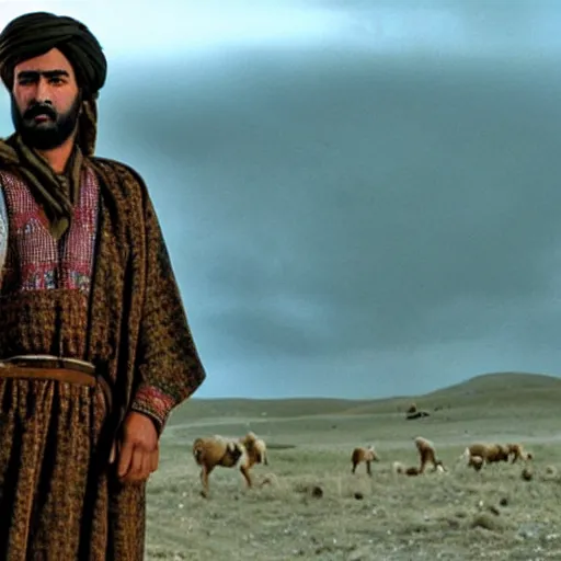 Image similar to Kurdish shepherd wearing Kurdish clothes in a movie directed by Christopher Nolan, movie still frame, promotional image, imax 70 mm footage