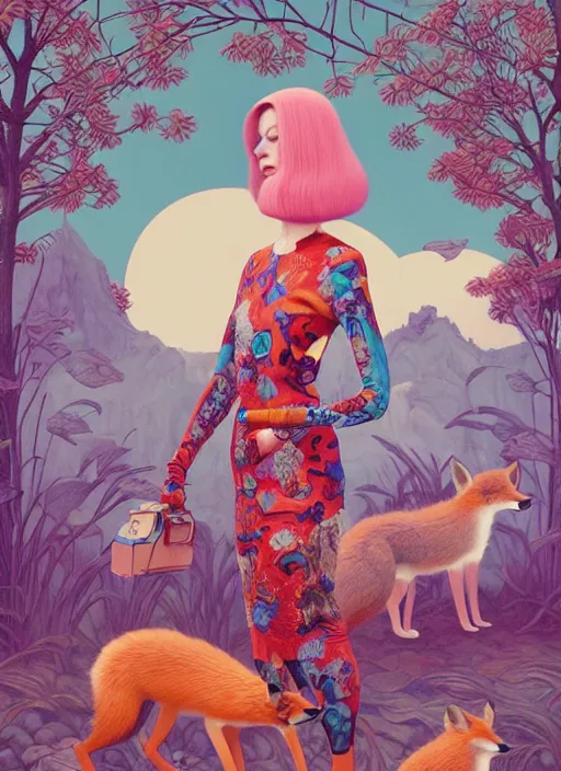 Image similar to pretty model with foxes : : by martine johanna and simon stalenhag and chie yoshii and casey weldon and wlop : : ornate, dynamic, particulate, rich colors, intricate, elegant, highly detailed, vogue, harper's bazaar art, fashion magazine, smooth, sharp focus, 8 k, octane render,