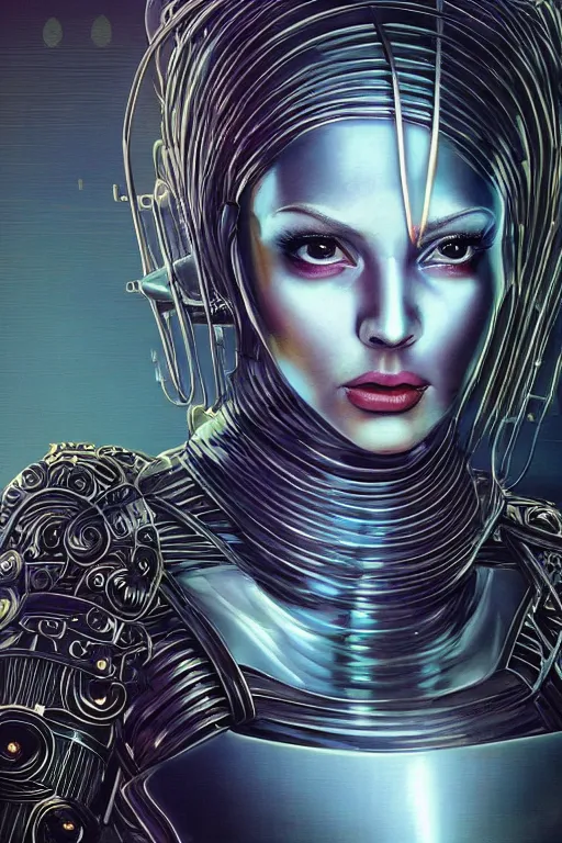 Prompt: retro-futuristic portrait of a beautiful damaged female android in dusty chrome armour with wires hanging, ornate background, light from below, ornate pattern, glowing eyes, evil expression, high details, intricate details, renaissance painting by vincent di fate, artgerm julie bell beeple, 80s, Smooth gradients, High contrast, depth of field, very coherent symmetrical artwork