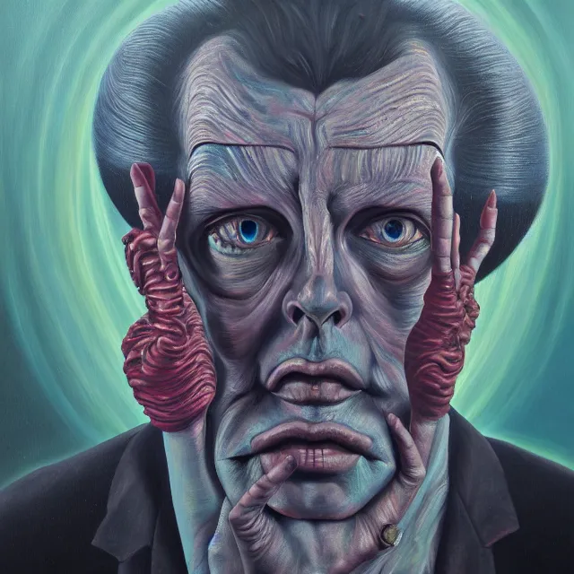 Prompt: an oil on canvas portrait painting of a cult leader, polycount, surrealism, surrealist, cosmic horror, high detail