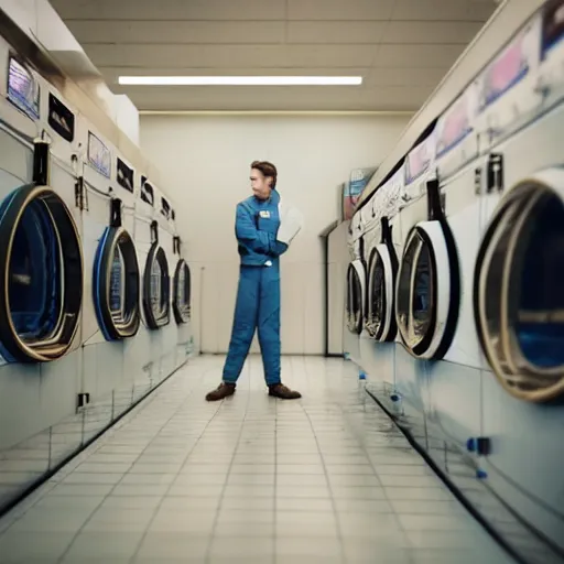 Prompt: a beautiful photo of an astronaut waiting in a laundromat, soft light, morning light, depth of field, photorealistic, realistic, octane, 8k, cinematic shot