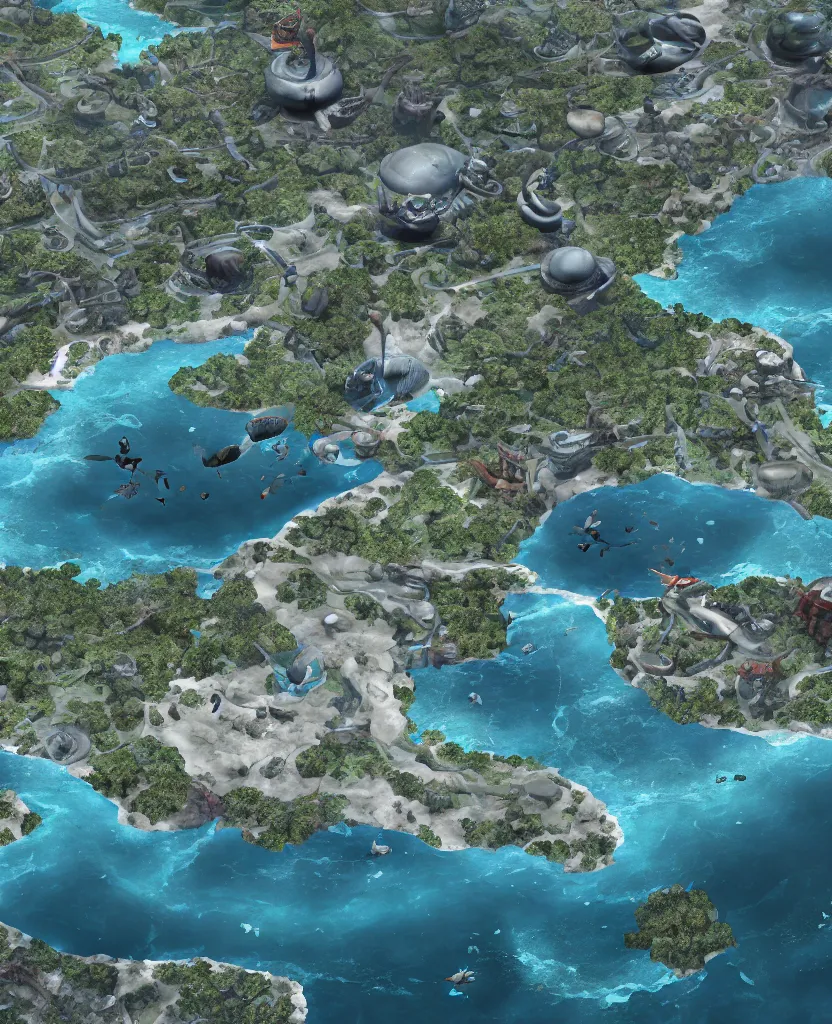 Image similar to a crescent shaped pelagic settlement floating on the water, view from above, fusion of subnautica and star trek, aquaculture farms in the water around, boats of different sizes, hyperrealistic sci - fi illustratiom, soft natural volumetric lighting, realistic 4 k unreal engine 5 beautifully detailed render, 4 k post processing, trending on artstation