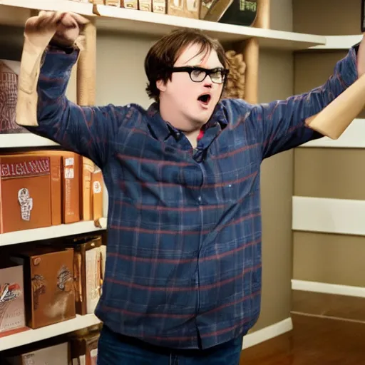 Image similar to clark duke pretending to be dwight schrute