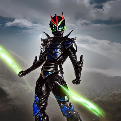 Image similar to High Fantasy Kamen Rider standing in a rock quarry, full body, 4k, glowing eyes, daytime, rubber suit, dark blue segmented armor, dragon inspired armor