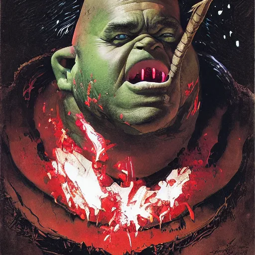 Image similar to grinning grimpunk vile reprobate portrait portrait Cyclops Cyclops Cyclops Polyphemus shrek with tombow norman rockwell greg rutkowski frank frazetta alexandre briclot Dave Dorman splatterpaint