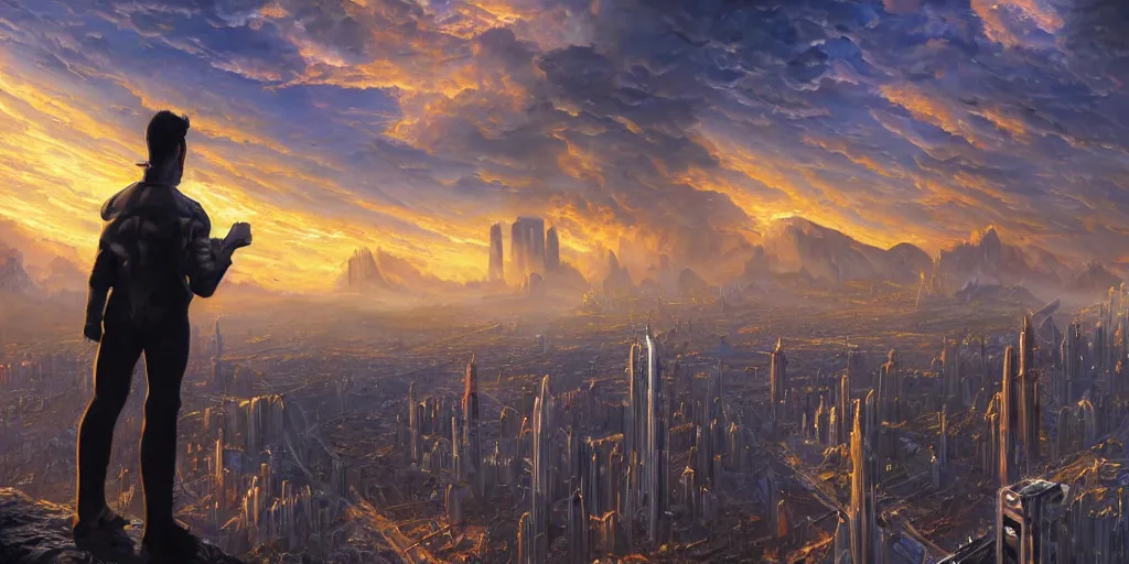 Image similar to fantasy oil painting, ultra futuristic, megalithic buildings, looming, billboards, advertisements, small buildings, warm lighting, street view, daytime, silhouetted figure standing overlooking the city, distant mountains, bright clouds, luminous sky, cinematic lighting, michael cheval, michael whelan, artstation, oil painting, vray, 8 k hd