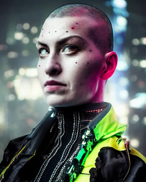 Image similar to detailed portrait guard woman with shaved head seen from the back, cyberpunk futuristic, reflective puffer jacket, black leggings, decorated with traditional ornaments in front of a dystopian crowd with piles of garbage perfect face, fine details, realistic shaded, fine - face, pretty face