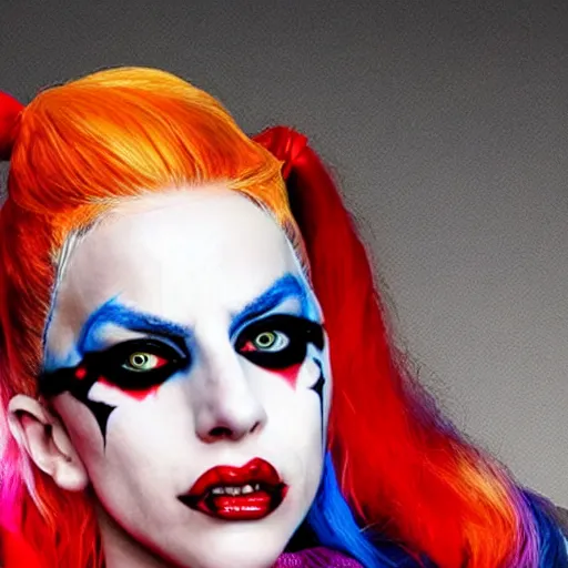 Image similar to Lady Gaga as Harley Quinn hyper realistic 4K quality