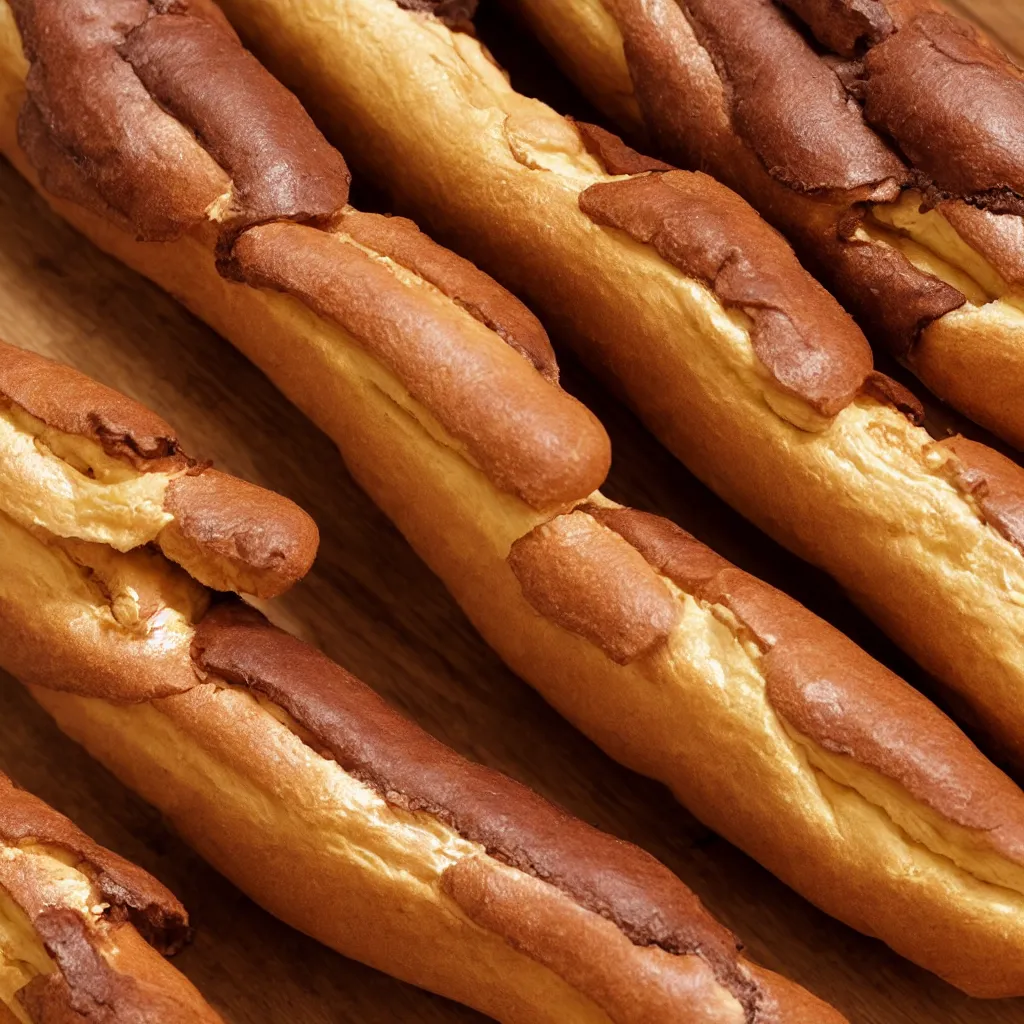 Image similar to close up view of eclair on top of a wooden table, 8k, photorealistic, proper shading