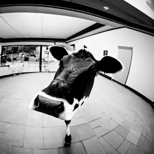 Image similar to a fisheye photo of a cow wearing a tuxedo