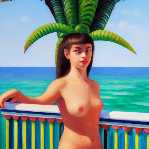 Image similar to a ultradetailed beautiful painting of a girl in the amazonas palace balustrade designed by edward hopper, tarsila do amaral, frank weston and gustave baumann, beach, trending on artstation, mediterranean, palm trees, detailed face, sharp focus, soft light, 8 k 4 k