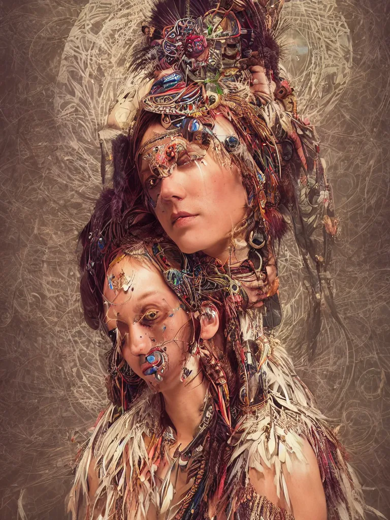 Image similar to a photo of a mystical tribal shaman adorned with feathers and gemstones and cables and synthesizer parts is surrounded by sacred geometry made from elven architecture, full body, gorgeous, perfect face, powerful, cinematic, beautifully lit, by artgerm, by karol bak, 3 d, trending on artstation, octane render, 8 k