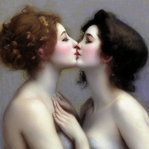 Prompt: Two beautiful women leaning in for a kiss, vertical symmetry, vintage shading, romance, photorealistic, highly detailed, by Ilya Repin and artgerm