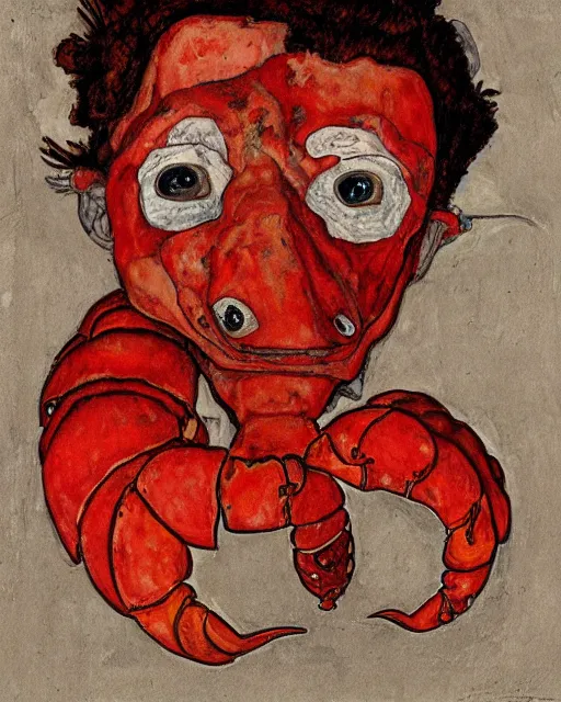 Prompt: portrait of an anthropomorphic lobster by egon schiele in the style of greg rutkowski