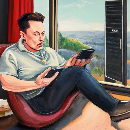 Prompt: a beautiful complex painting of elon musk sitting down and using his phone the back home is a window of the outside
