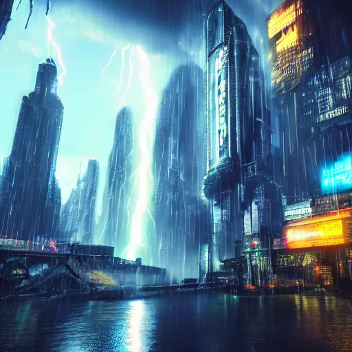 Prompt: a fantasy city with waterfalls gothic cyberpunk, cinematic lightning, clouds epic ultrawide