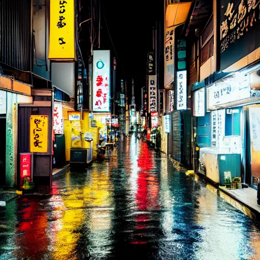 Image similar to rain - soaked alley with messy overhead cables in tokyo at night, lots of neon signs