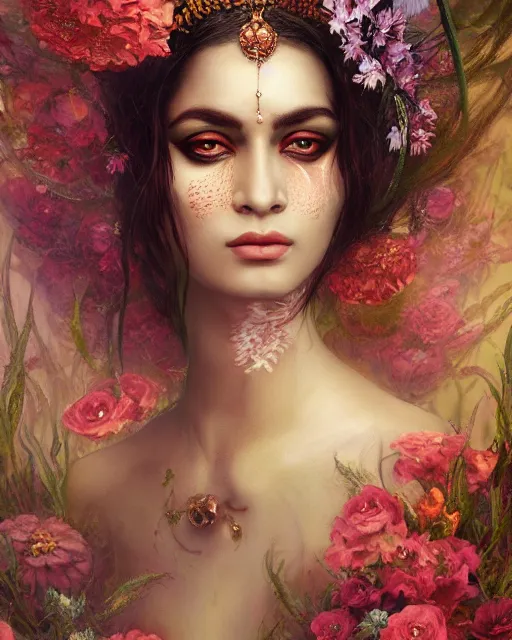 Image similar to portrait of the indian queen of the underworld, surrounded by flowers by karol bak, james jean, tom bagshaw, rococo, sharp focus, trending on artstation, cinematic lighting, hyper realism, octane render, 8 k, hyper detailed.