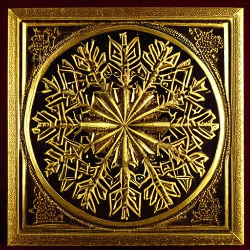 Image similar to ornate engraved carving of a snowflake on a gold panel