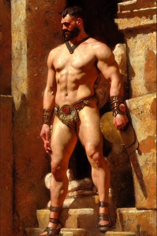 Prompt: muscular male gladiator, roman baths painting by gaston bussiere, craig mullins, j. c. leyendecker, tom of finland