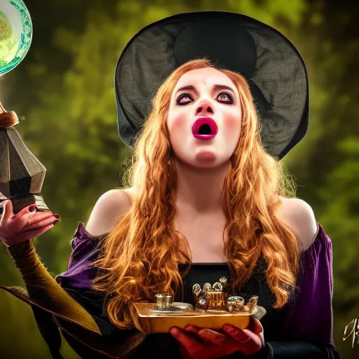 Image similar to gorgeous witch surprised and excited because she can cast a spell, magic, comedy , fantasy, D&D, HDR, natural light, award winning photograph, 8k, Mucha style,