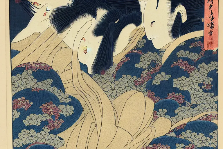 Image similar to a beautiful and hyperdetailed ukiyo - e drawing of tangled irises by katsushika hokusai, in style by utagawa kuniyoshi and utagawa hiroshige, japanese print art, intricate, elegant, complex, illustration, clean 4 k