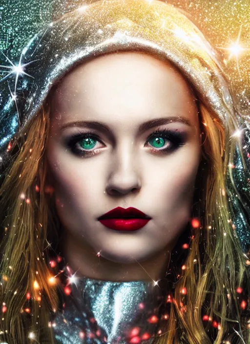 Prompt: glowing silver and golden elements, full close-up portrait, young woman with magical eyes, red lipstick, blonde hair, hood, as a dark witch in front of the full big moon, book cover, green forest, red white black colors, establishing shot, extremly high detail, foto realistic, cinematic lighting, pen and ink, intricate line drawings, by Yoshitaka Amano, Ruan Jia, Kentaro Miura, Artgerm, post processed, concept art, artstation, matte painting, style by eddie, raphael lacoste, alex ross