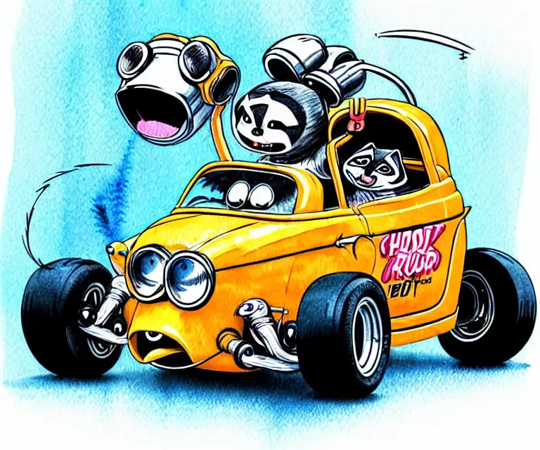 Image similar to cute and funny, racoon wearing racing helmet riding in a tiny hot rod coupe with oversized engine, ratfink style by ed roth, centered award winning watercolor pen illustration, isometric illustration by chihiro iwasaki, edited by range murata