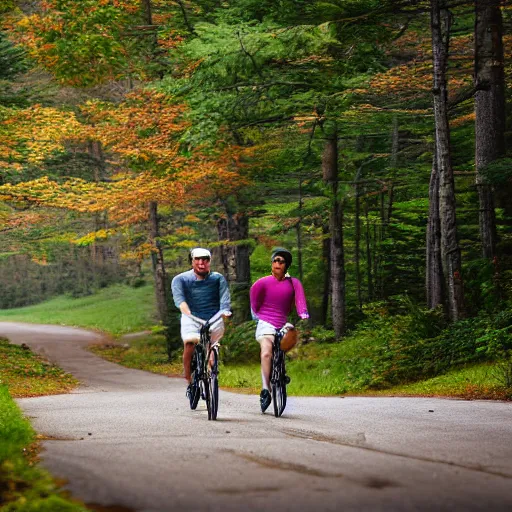 Prompt: two friends riding bicycles in Maine, very realistic, very detailed, photorealistic