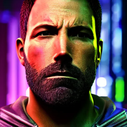 Image similar to ben affleck portrait, cyberpunk 2 0 7 7, cyberpunk, photorealistic, ultra detailed, neon, octane, bokeh, cinematic lighting, cyber, cyberpunk city, studio quality, feature, scars, cyberface, 8 k