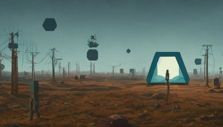 Image similar to hexagon blocking the sun, earth in foreground, simon stalenhag